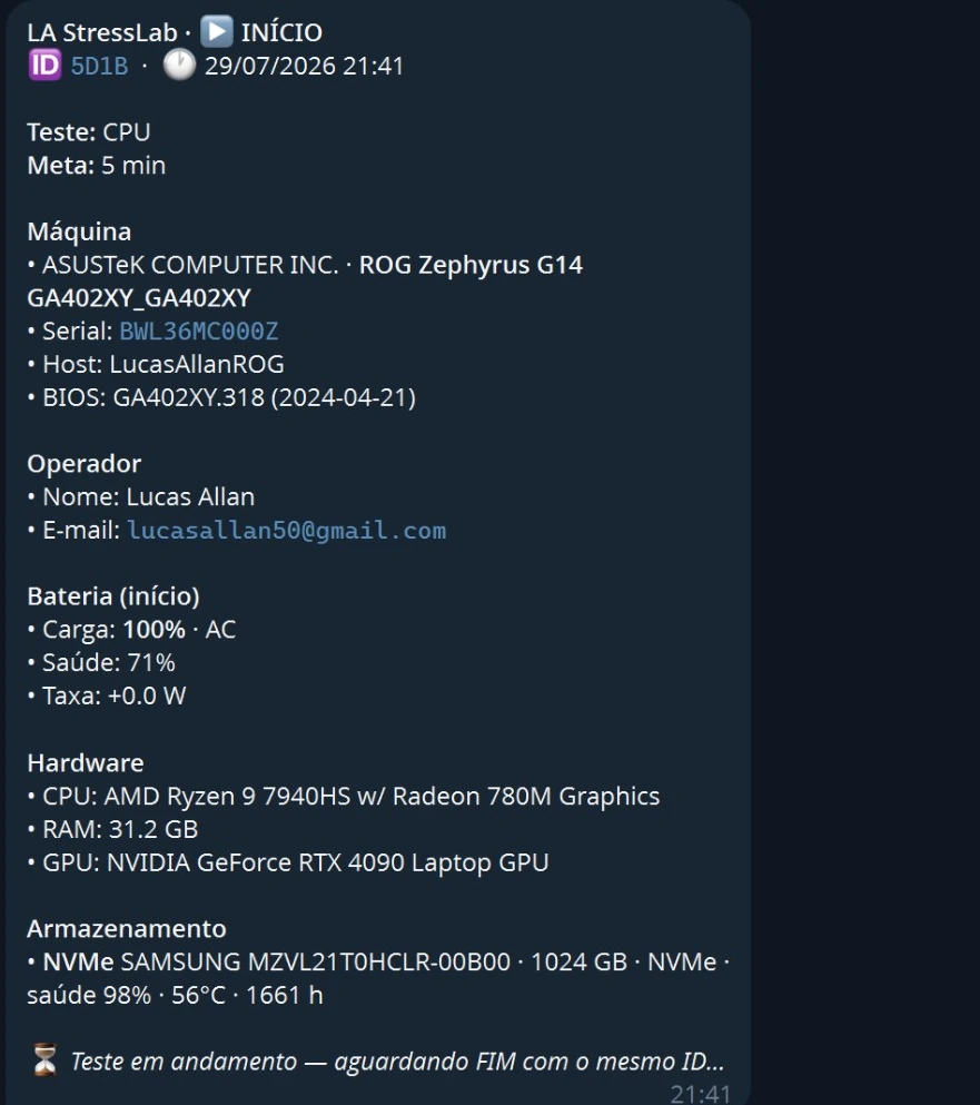 Relatório de início de teste no Telegram com specs da máquina e ID do teste.